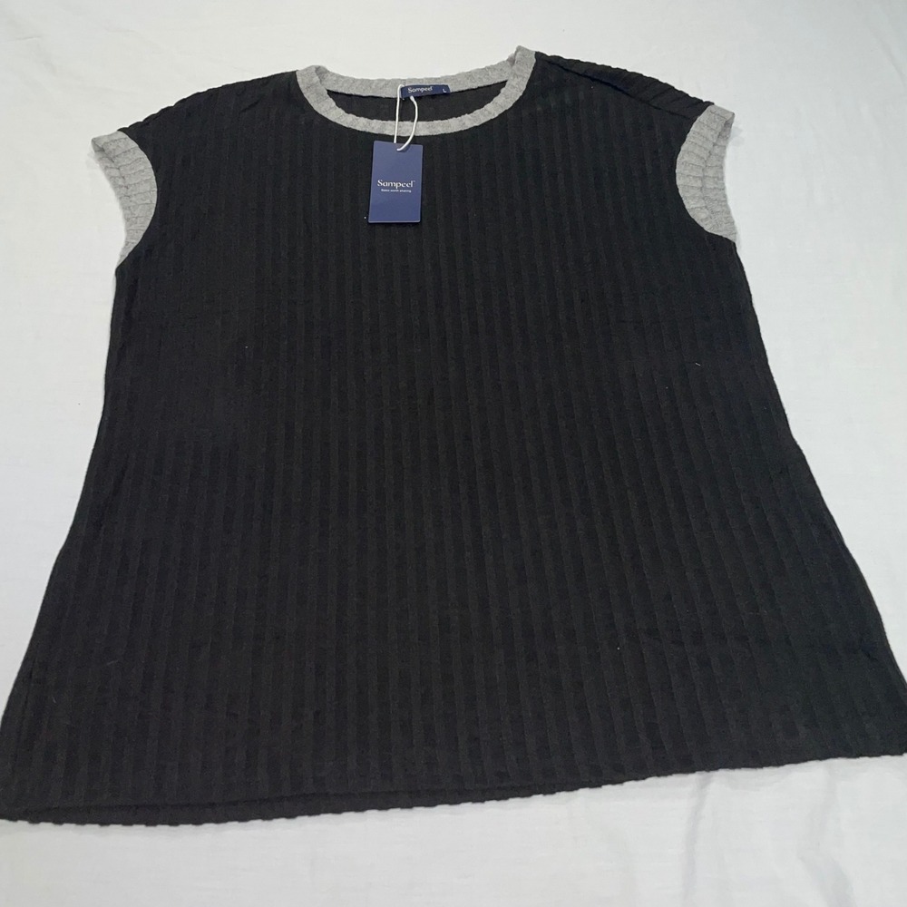 Sampeel Womens Ribbed Knit Sleeveless Top Charcoal Grey Crew Neck Size L NEW